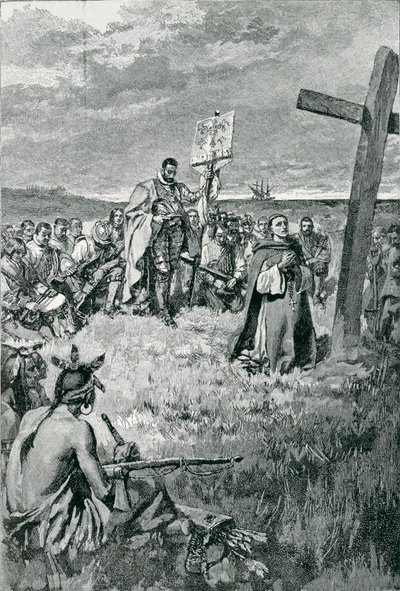 Jacques Cartier (1491-1557) sätter upp ett kors vid Gaspe, illustration från "The French Voyageurs" av Thomas Wentworth Higginson, publicerad i Harper