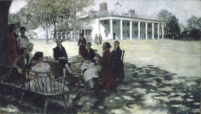 Martha och George Washington underhåller sina vänner på gräsmattan på Mount Vernon, 1898 (olja och grisaille på duk) av Howard Pyle