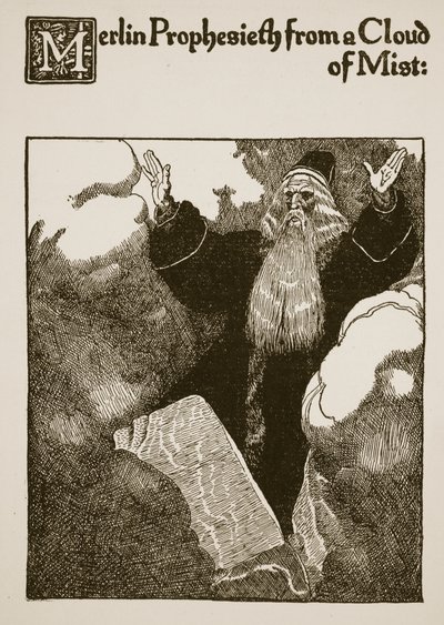 Merlin profeterar från ett moln av dimma, illustration från 
