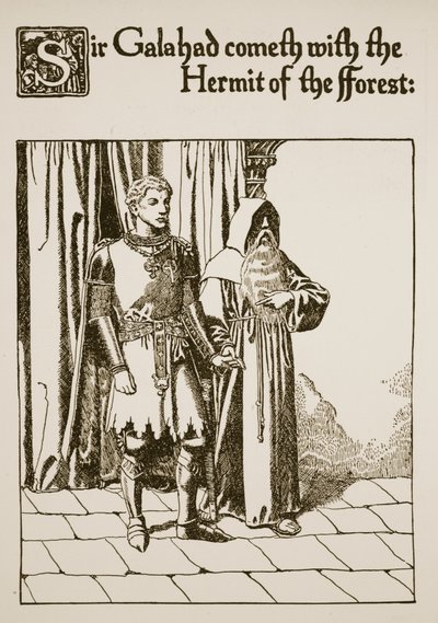 Sir Galahad kommer med eremiten i skogen, illustration från "The Story of the Grail and the Passing of Arthur", ca 1910 av Howard Pyle