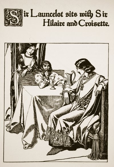 Sir Launcelot sitter med Sir Hilaire och Croisette, illustration från "The Story of the Champions of the Round Table" av Howard Pyle