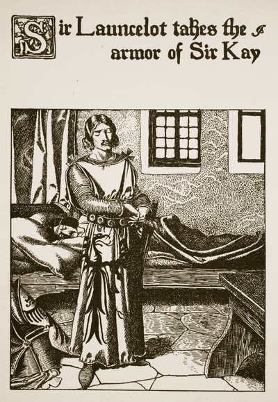 Sir Launcelot tar Sir Kays rustning, illustration från "The Story of the Champions of the Round Table" av Howard Pyle