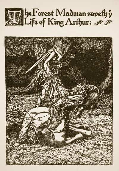 Skogens galning räddade kung Arthurs liv, illustration från "Historien om Sir Launcelot och hans följeslagare av Howard Pyle