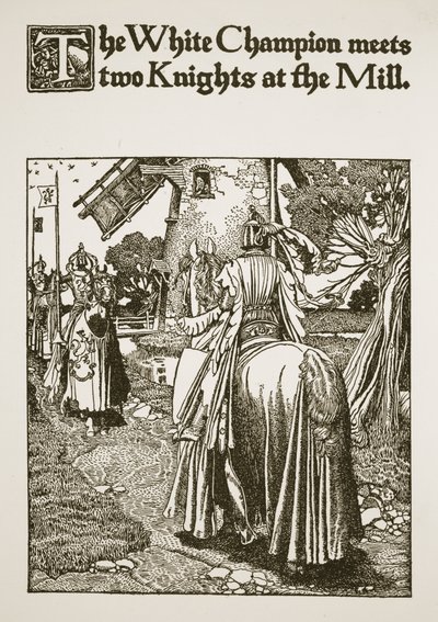 Den vita mästaren möter två riddare vid bruket, illustration från 