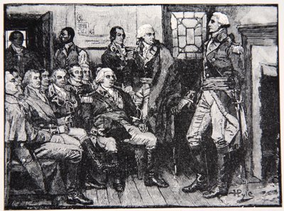 Washington och hans generaler i samråd, 15 mars 1783, illustration från Harper