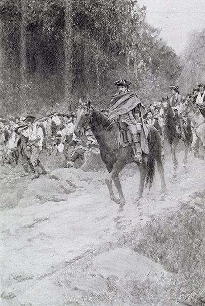 Washingtons reträtt från Great Meadows, illustration från "Colonel Washington" av Woodrow Wilson, publicerad i Harper