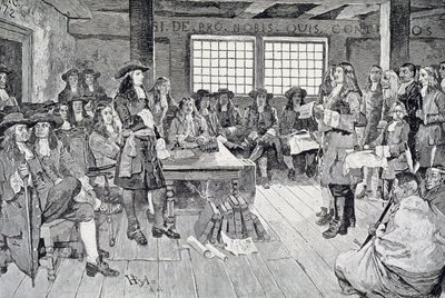 William Penn i konferens med kolonisterna, illustration från puben "The First Visit of William Penn to America". i Harper