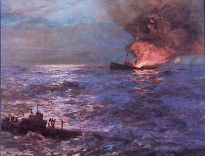 Handelsfartyg beskjutet av tysk U-båt i WW2 (färg litho) av Howard Russell Butler