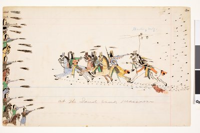 Vid Sand Creek-massakern, 1874-75 (penna, bläck och bläck på huvudbokspapper) av Howling Wolf
