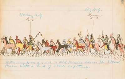 Återvänder från en räd till Gamla Mexiko över Slätten med en flock fångad bestånd, 1874-75 (penna, bläck och wc på reskontrapapper) av Howling Wolf