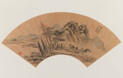 Landskap målat på en solfjäder (bläck & färg på guldfläckat papper) av Hsiang Chien Huang