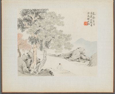 Album med landskapsmålningar som illustrerar gamla dikter: Three Big Trees, a Stream..., 1700-talet. av Hua Yan