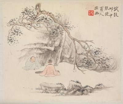 Album med landskapsmålningar som illustrerar gamla dikter: Två figurer utanför..., 1700-talet. av Hua Yan