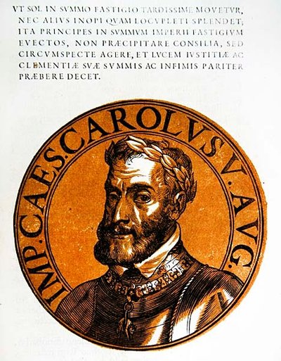 Medaljongporträtt av Karl V, den helige romerske kejsaren av Hubert (after) Goltzius