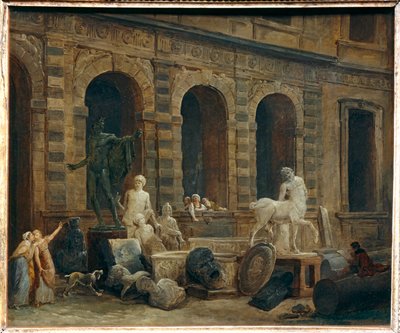 Antikens tecknare framför Louvrens Petite Galerie ... av Hubert (circle of) Robert