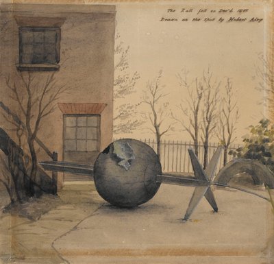 Nedfallen tidskula på gården till Royal Observatory, Greenwich, december 1855 (akvarell) av Hubert Airy
