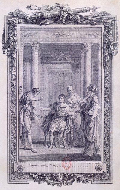 Cinna eller Augustus nåd, tragedi av Pierre Corneille (1606-1684), gravyr av Gravelot (1699-1773) av Hubert Francois Gravelot