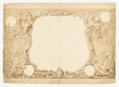 Design för en prydnadsbård, använd för surround till det allmänna diagrammet i John Pines gobeläng av Hubert Francois Gravelot