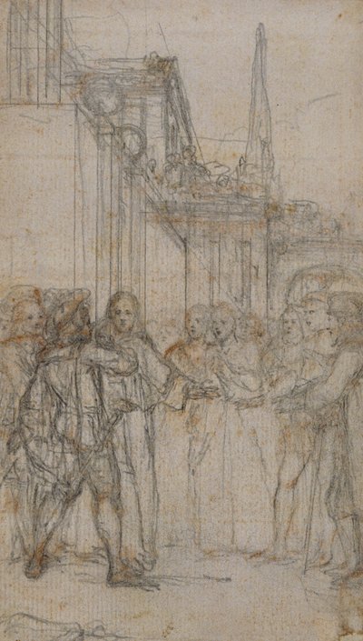Litterär illustration: Man med svärd konfronterar en grupp figurer innan man bygger av Hubert Francois Gravelot