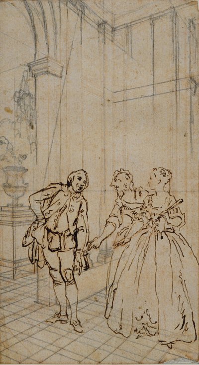 Litterär illustration med gentleman och två damer i interiören av Hubert Francois Gravelot