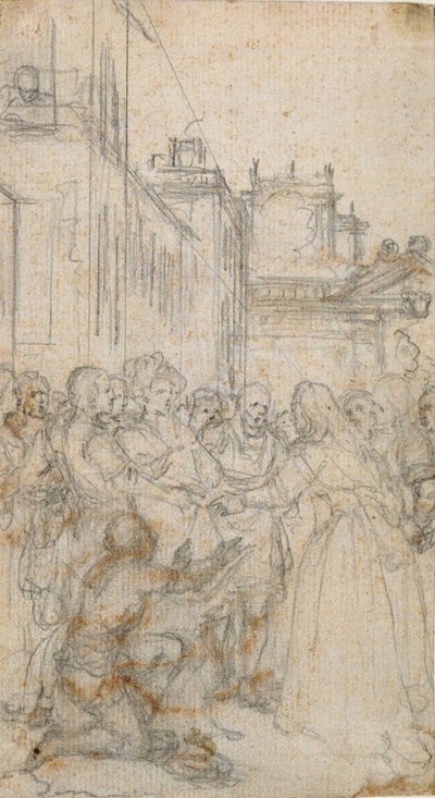 Litterär illustration med en grupp figurer som vädjar till människan av Hubert Francois Gravelot
