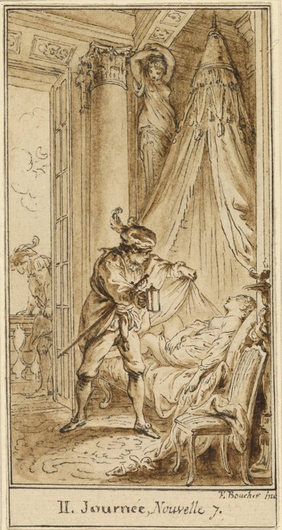 Andra dagen, sjunde berättelsen: Hertigen av Aten överväger den sovande prinsessan Alatiel av Hubert François Gravelot after François Boucher