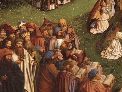 Detalj av tillbedjan av det mystiska lammet, från mittpanelen på Gents altartavla (olja på panel) av Hubert & Jan van (1390 1441) Eyck