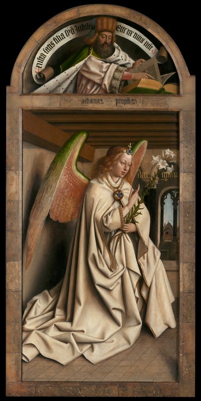 Lunette: der Prophet Sacharja. Unteres Panel: Engel der Verkündigung, von der Außenseite des linken Flügels des Genter Altars von Hubert & Jan van (1390-1441) Eyck