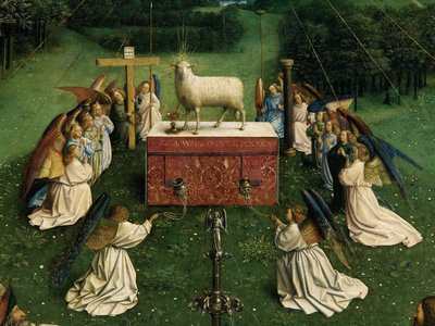 Tillbedjan av det mystiska lammet, från Gents altartavla, detalj på nedre halvan av centralpanelen av Hubert & Jan van (1390 1441) Eyck