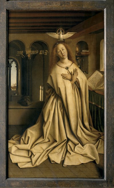 Ängeln Gabriel skickar budskapet till Maria, detalj från Gents altartavla, stängd (olja på panel) av Hubert & Jan van (1390 1441) Eyck