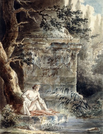 En ung badgäst nära en kolumn, av Hubert Robert