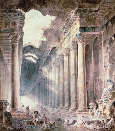 En termisk pelarbyggnad, taket delvis öppet mot himlen, med flickor som tvättar kläder (akvarell, penna, bläck) av Hubert Robert