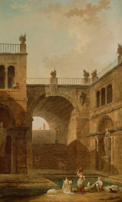 Arkitektonisk scen med kvinnor som tvättar kläder vid en pool av Hubert Robert