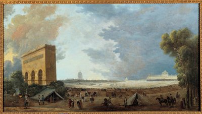 Franska revolutionen: ""Nationalfederationens festival firade på Champ de mars i Paris den 14 juli 1790"" Målning av Hubert Robert (1733-1808). 1790 sön. 0,52x0,96m av Hubert Robert