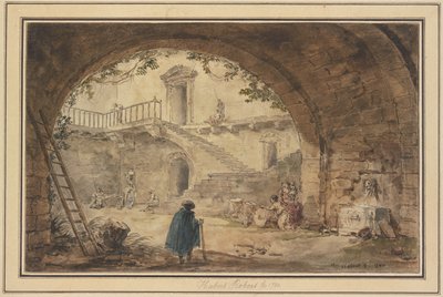Välvning med en antik brunn och utsikt mot en trappa av Hubert Robert