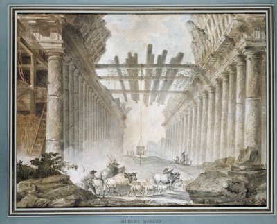 Flock i ruinerna av ett rittempel (olja på duk) av Hubert Robert