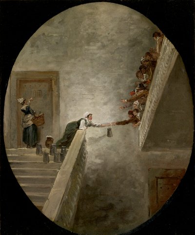 La distribution du lait a la prison Saint Lazare - Utdelningen av mjölk i Saint-Lazare fängelse av Robert, Hubert (1733-1808), ca 1794 - Olja på papper, 36,8x30,2 - Privat samling av Hubert Robert