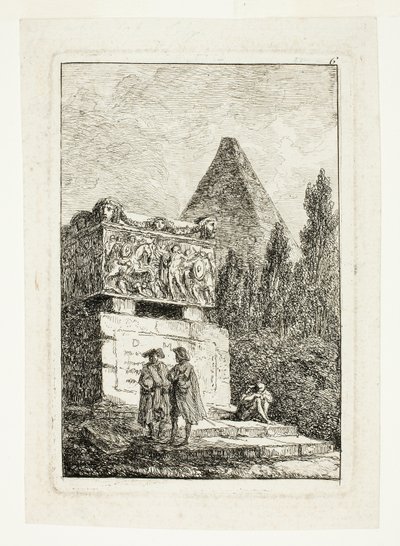 Landskap med pyramid och sarkofag, plansch sex från Les Soirées de Rome av Hubert Robert