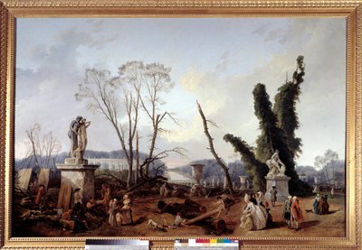 Le Carpet Vert vid tidpunkten för trädhuggningen vintern 1774-1775 i Versailles trädgårdar (i förgrunden, kung Ludvig XVI och drottning Marie-Antoinette). Den gröna mattan kallas också för kungliga alleen. Målning av Hubert Robert (1733-1808 av Hubert Robert