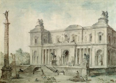 Le Musée des Antiques, ca 1800 (krita, penna och bläck och wc på papper) av Hubert Robert