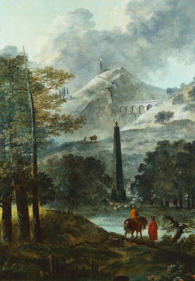 Bergigt landskap med en obelisque (olja på duk) av Hubert Robert