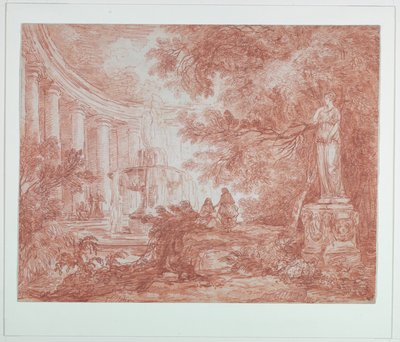 Park med fontän och staty av Hubert Robert