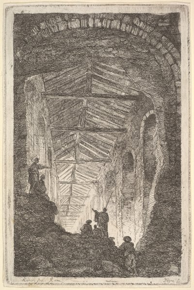 Tavla 10: The Ancient Gallery: ett stort täckt galleri, ljus som kommer in från bak..., ca. 1763-64. av Hubert Robert
