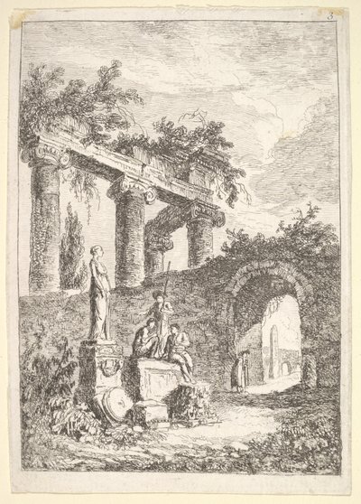 Plåt 3: Statyn före ruinerna: en staty till vänster bredvid tre figurer på en p..., ca. 1763-64. av Hubert Robert