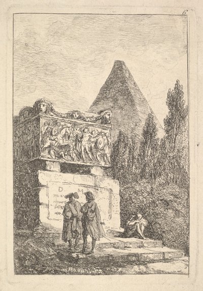 Plåt 6: Sarkofagen: två män som samtalar till vänster, en annan man sitter och sover..., ca. 1763-64. av Hubert Robert
