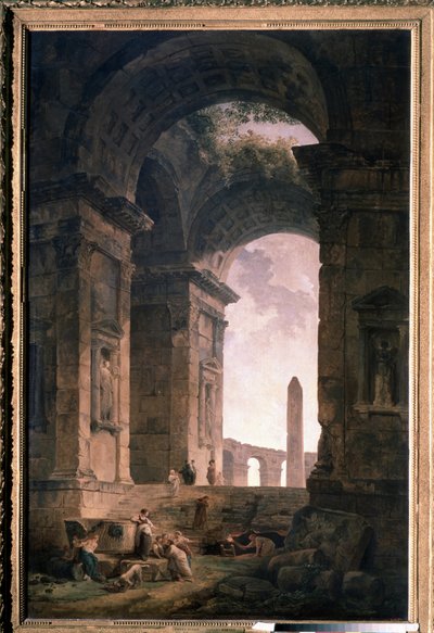 Ruiner med en obelisk. Målning av Hubert Robert (1733-1808), olja på duk av Hubert Robert