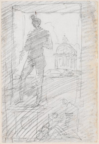 Staty av en naken före en fönstervy av Hubert Robert