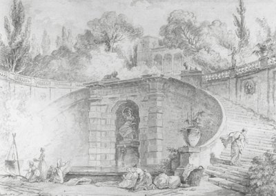 Den stora trappan, 1761-1765 (penna och svart bläck, pensel och grått tvätt och akvarell över svart krita underritning på benvitt papper, vattenmärkt) av Hubert Robert
