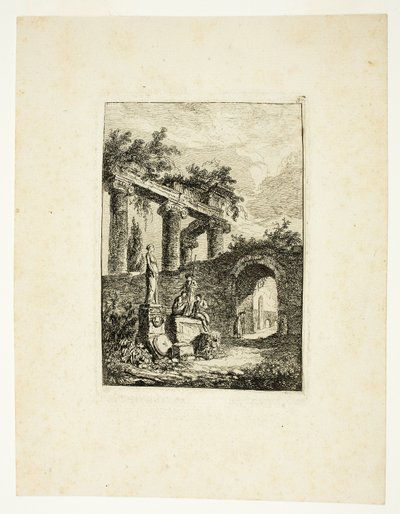 Statyn framför ruinerna, plansch tre från Les Soirées de Rome av Hubert Robert