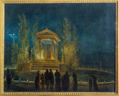 Den tillfälliga mausoleen av Jean Jacques Rousseau (1712-1778) på Tuileriebassängen före översättningen av hans aska till Pantheon-målningen av Hubert Robert (1733-1808) 1794 Sön. 0,65x0,8 m Paris, Musee Carnavalet av Hubert Robert